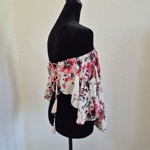 Off-Shoulder White Floral Top with Pink Roses